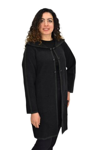 Kadın Kapüşonlu Tiriko Düğmeli Cepli Hırka 8232 BGL-ST04072 SİYAH - XL