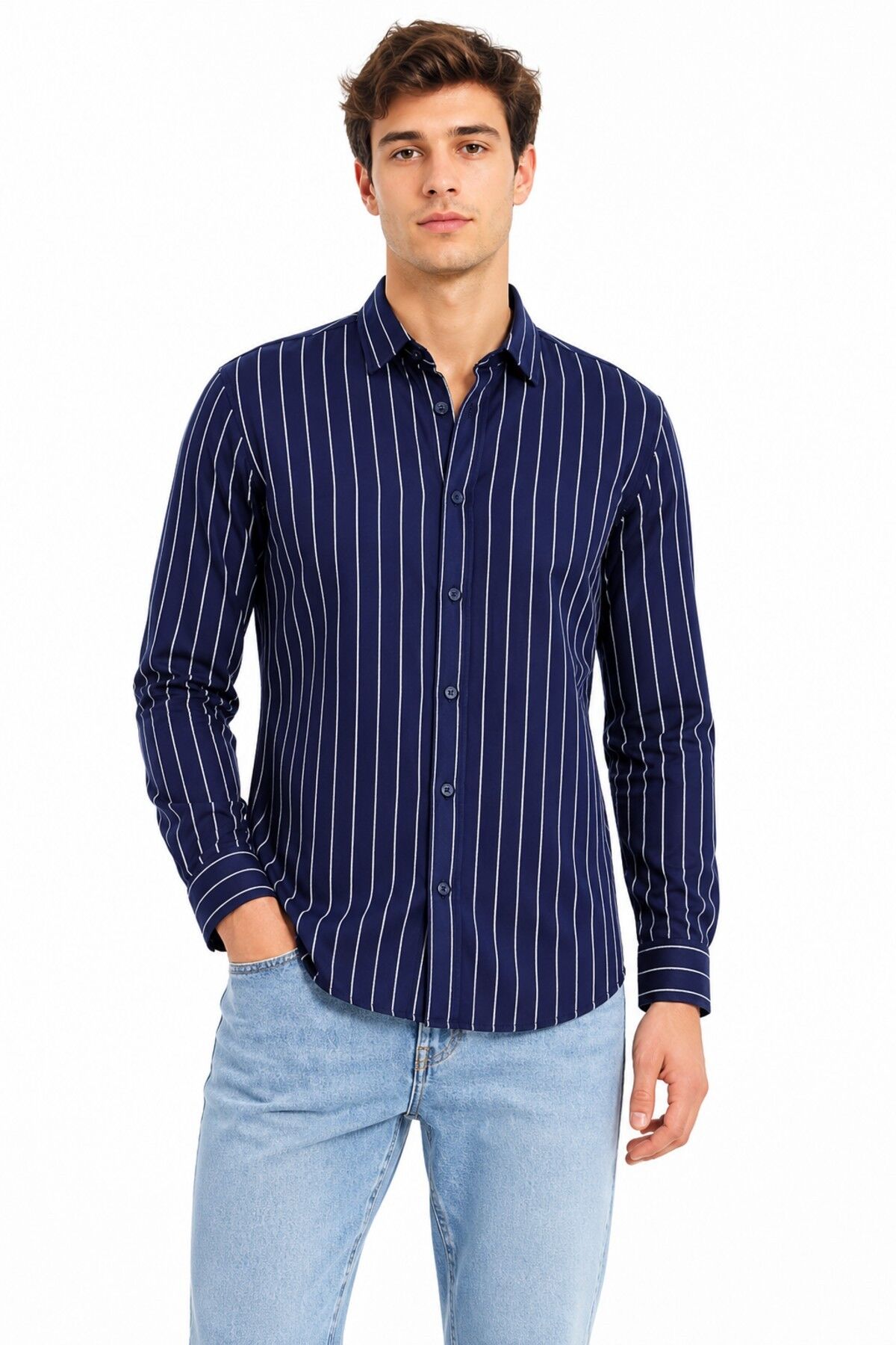 Erkek Spor Silim Fit Çizgili Yazlık Gömlek BGL-ST05380 LACİVERT - XL
