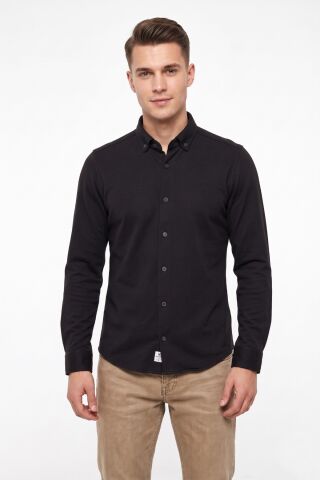 Erkek Spor Slim Fit Uzun Kol Petek Dokulu Gömlek BGL-ST05483 SİYAH - M