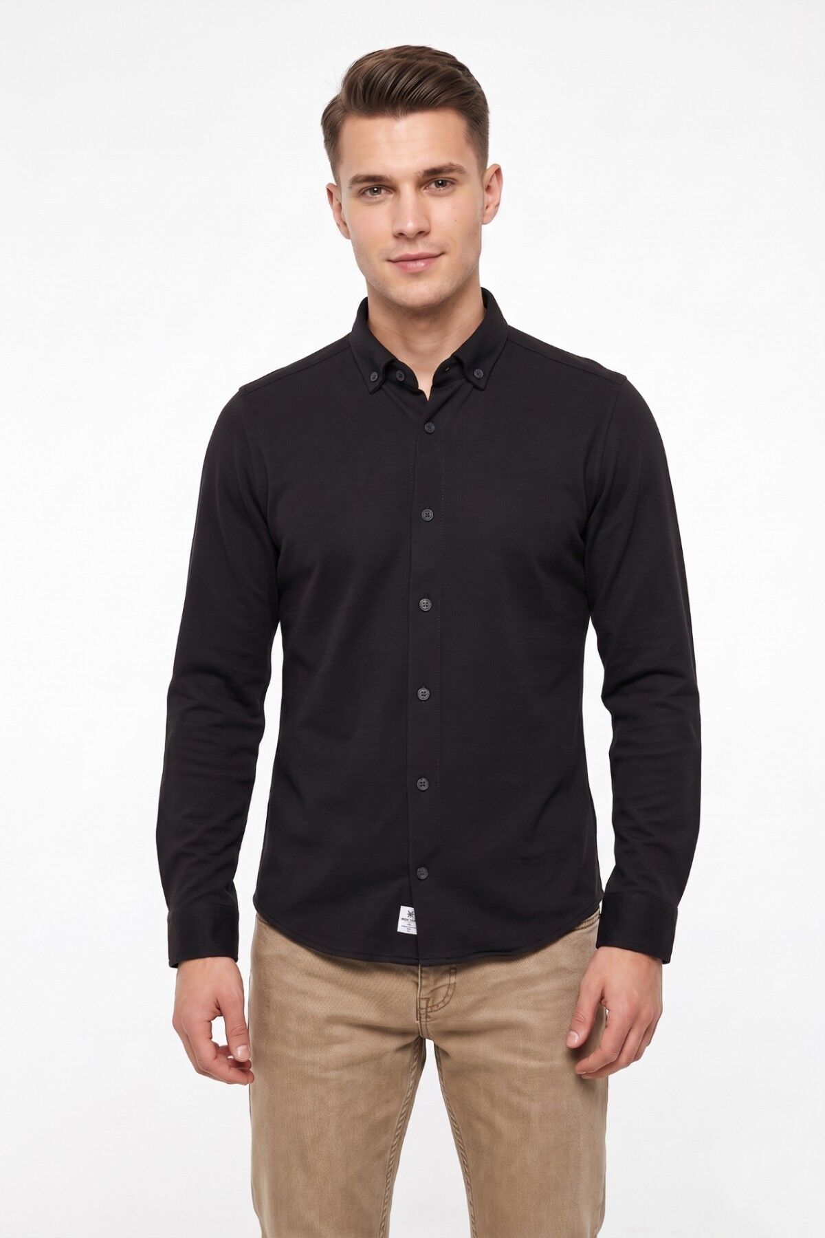 Erkek Spor Slim Fit Uzun Kol Petek Dokulu Gömlek BGL-ST05483 SİYAH - L