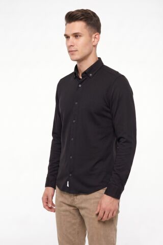Erkek Spor Slim Fit Uzun Kol Petek Dokulu Gömlek BGL-ST05483 SİYAH - L