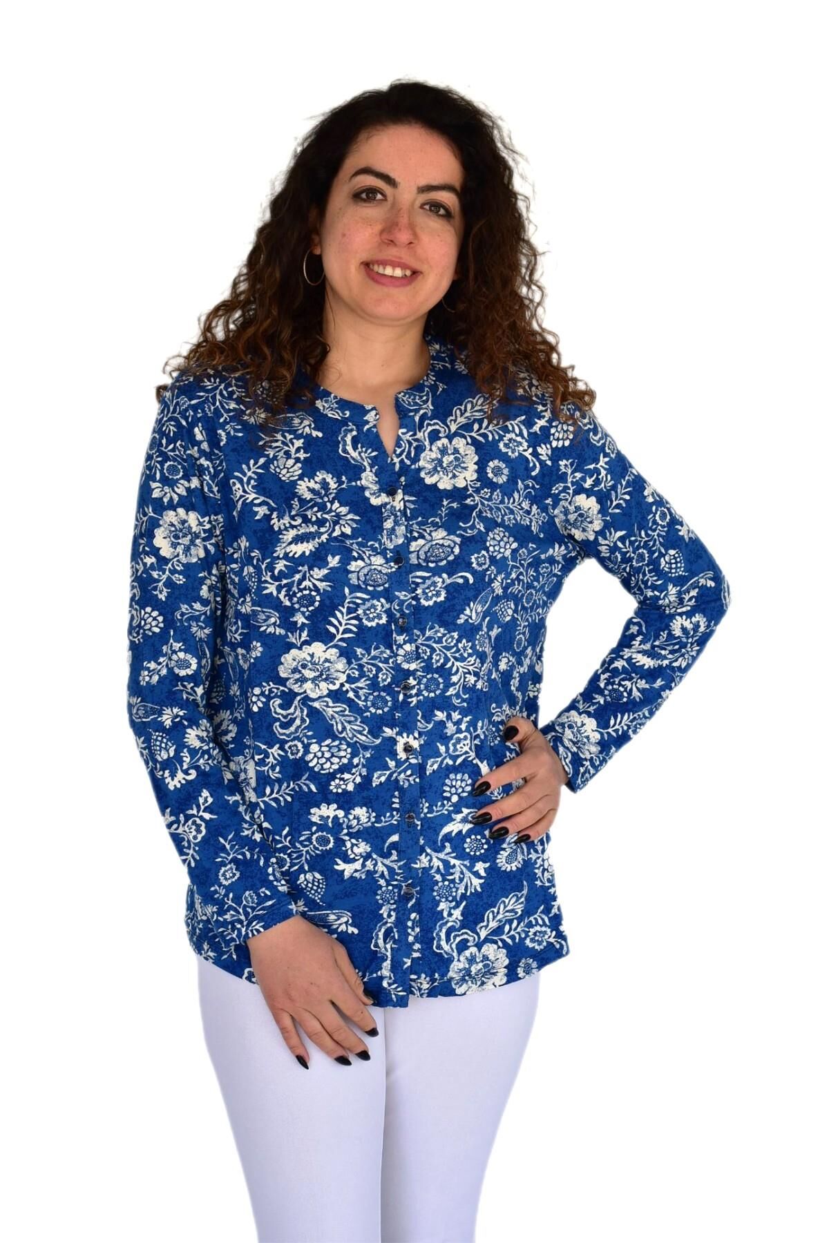 Kadın Çiçek Baskılı Düğmeli Viscon Bluz BGL-ST04268 İNDİGO - 48