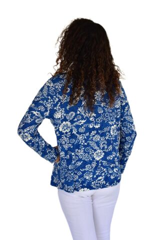 Kadın Çiçek Baskılı Düğmeli Viscon Bluz BGL-ST04268 İNDİGO - 48