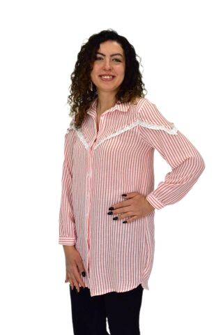 Kadın Çizğili Keten Gömlek BGL-ST03706 TURUNCU - 42