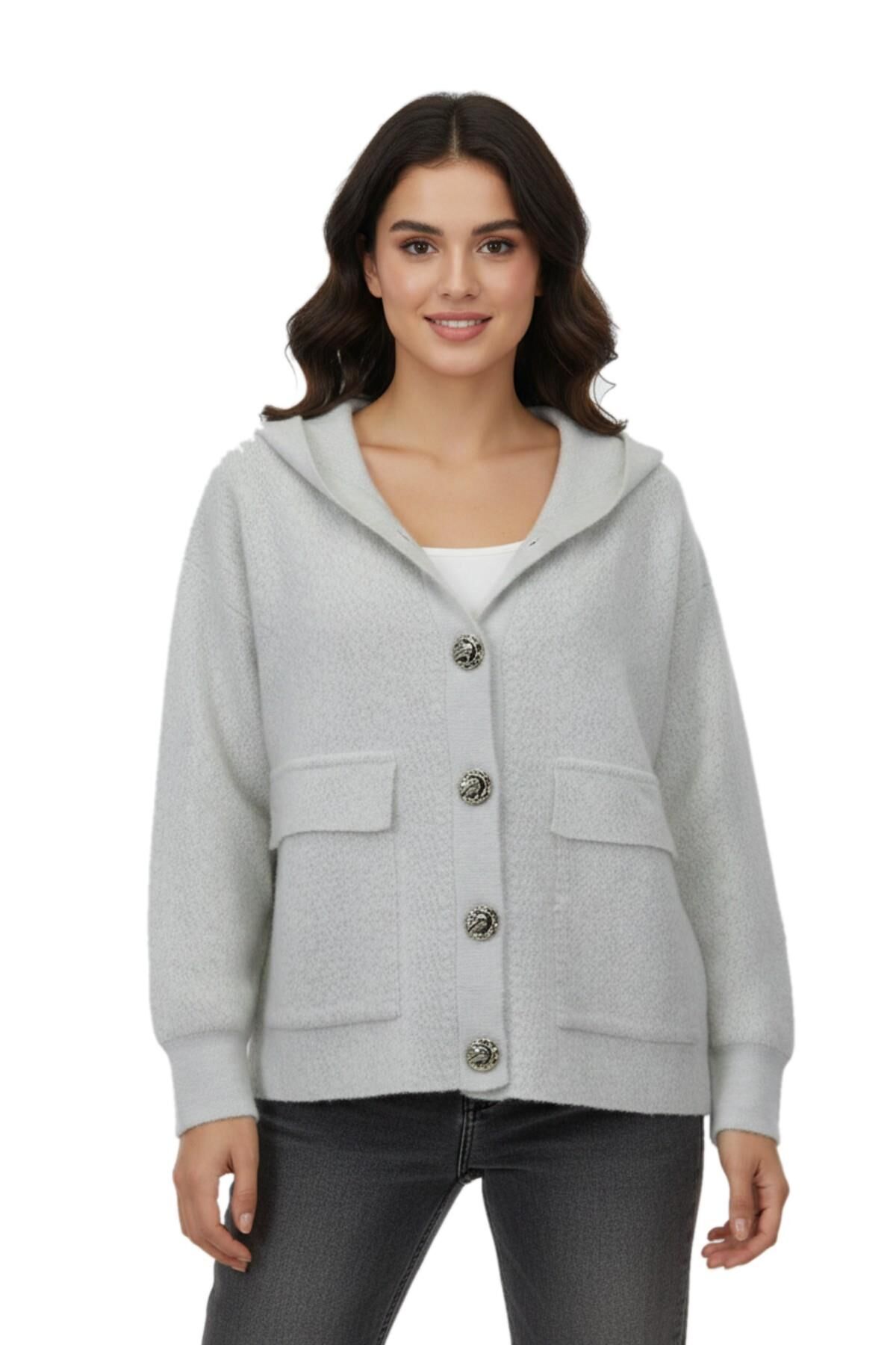 Kadın Kapüşonlu Spor Düğmeli Triko Torba Cep Sakallı Hırka BGL-ST05074