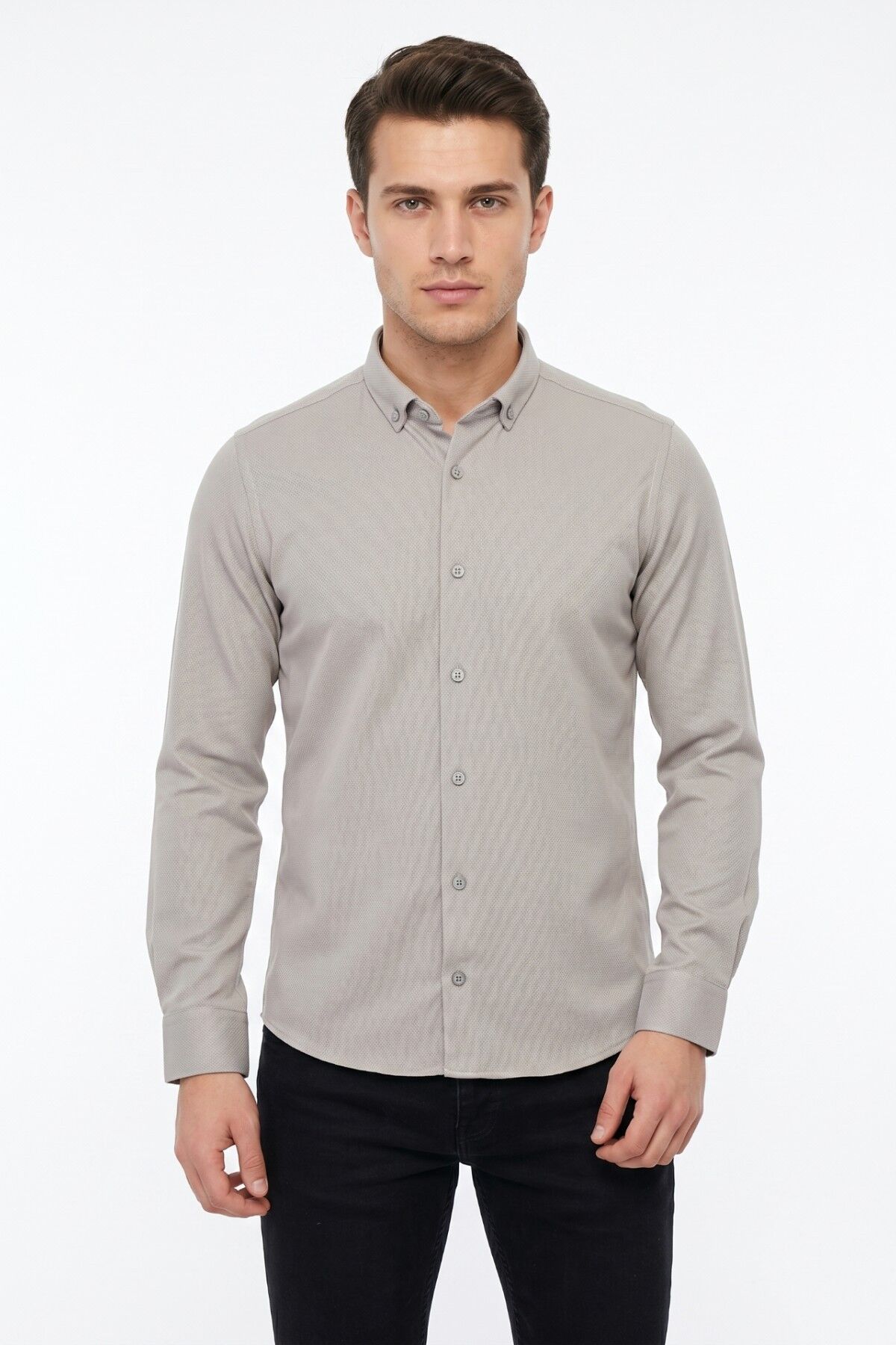 Erkek Spor Slim Fit Uzun Kol Petek Dokulu Gömlek BGL-ST05483 TAŞ - L