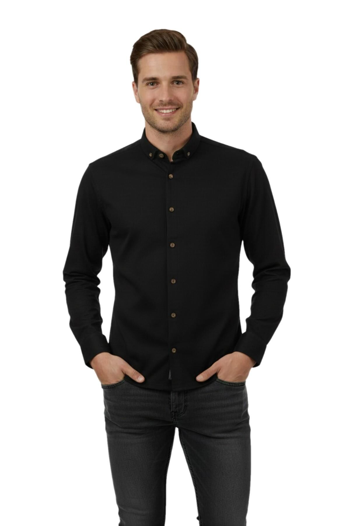 Erkek Slim Fitt Uzun Kol Petek Dokulu Gömlek 2444 BGL-ST04813 SİYAH - S