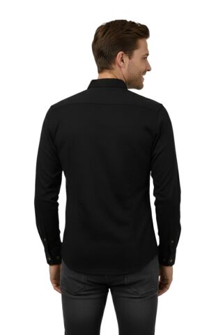 Erkek Slim Fitt Uzun Kol Petek Dokulu Gömlek 2444 BGL-ST04813 SİYAH - S