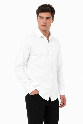 Erkek Spor Silim Fit Likralı Pamuklu Yazlık Gömlek BGL-ST05381 BEYAZ - M