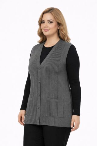 Kadın Anne Triko Yelek Kabartma Çizgi Desen BGL-ST05302 SİYAH - 2XL