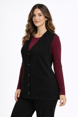 Kadın Anne Triko Yelek Kabartma Çizgi Desen BGL-ST05302 SİYAH - 2XL