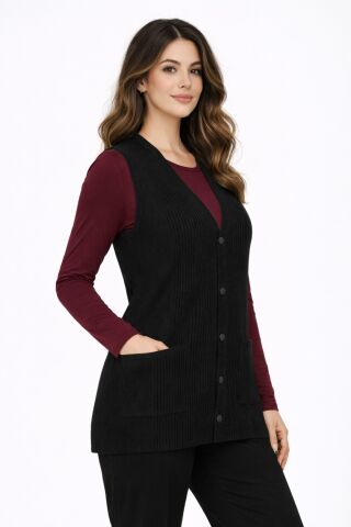 Kadın Anne Triko Yelek Kabartma Çizgi Desen BGL-ST05302 SİYAH - 2XL