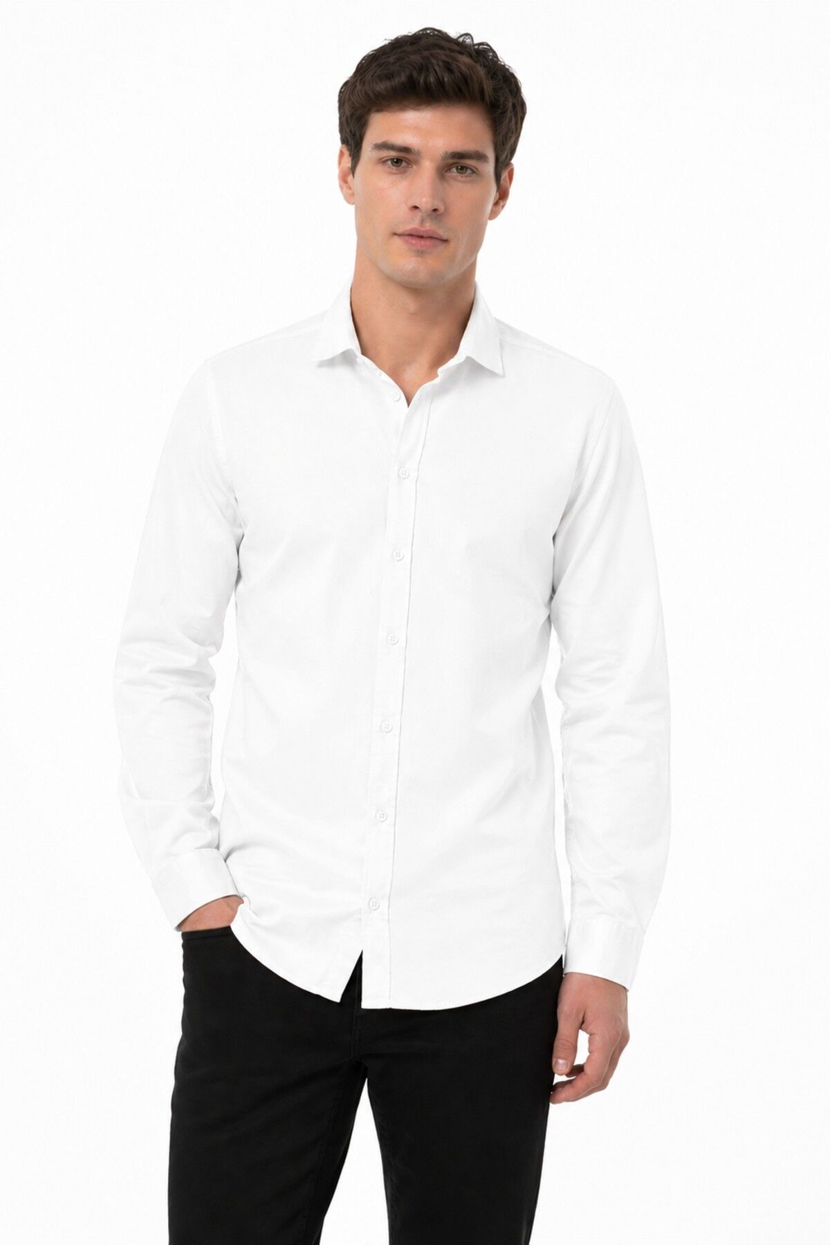 Erkek Spor Silim Fit Likralı Pamuklu Yazlık Gömlek BGL-ST05381 BEYAZ - L