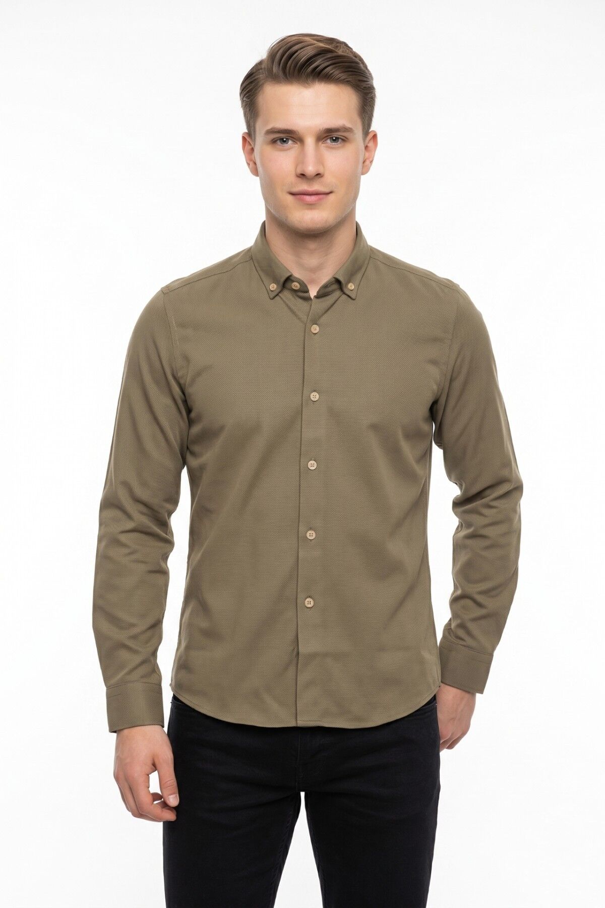 Erkek Spor Slim Fit Uzun Kol Petek Dokulu Gömlek BGL-ST05483 VİZON - M