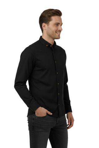 Erkek Slim Fitt Uzun Kol Petek Dokulu Gömlek 2444 BGL-ST04813 SİYAH - XL