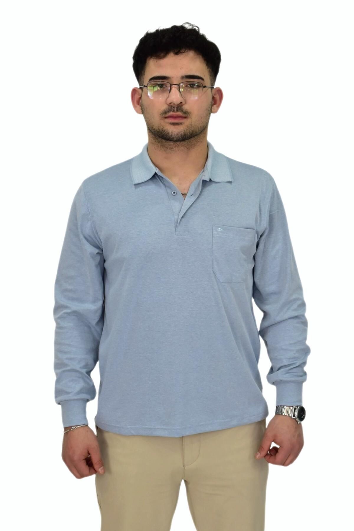 Erkek Büyük Beden Mevsimlik Polo Yaka Sweatshirt 1-6830 BGL-ST04415 BUZ.MAVİ - 5XL