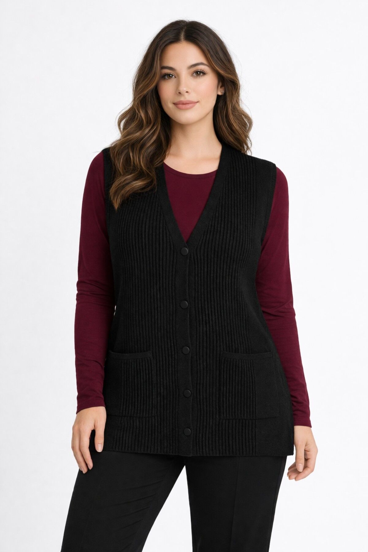 Kadın Anne Triko Yelek Kabartma Çizgi Desen BGL-ST05302 SİYAH - 2XL