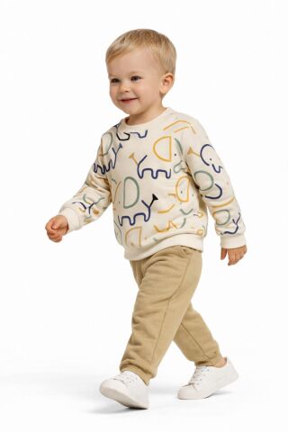 Erkek Çocuk Önü Baskılı Sweatshirt Ve Eşofman Alt Takım BGL-ST05254 CAMEL - 92
