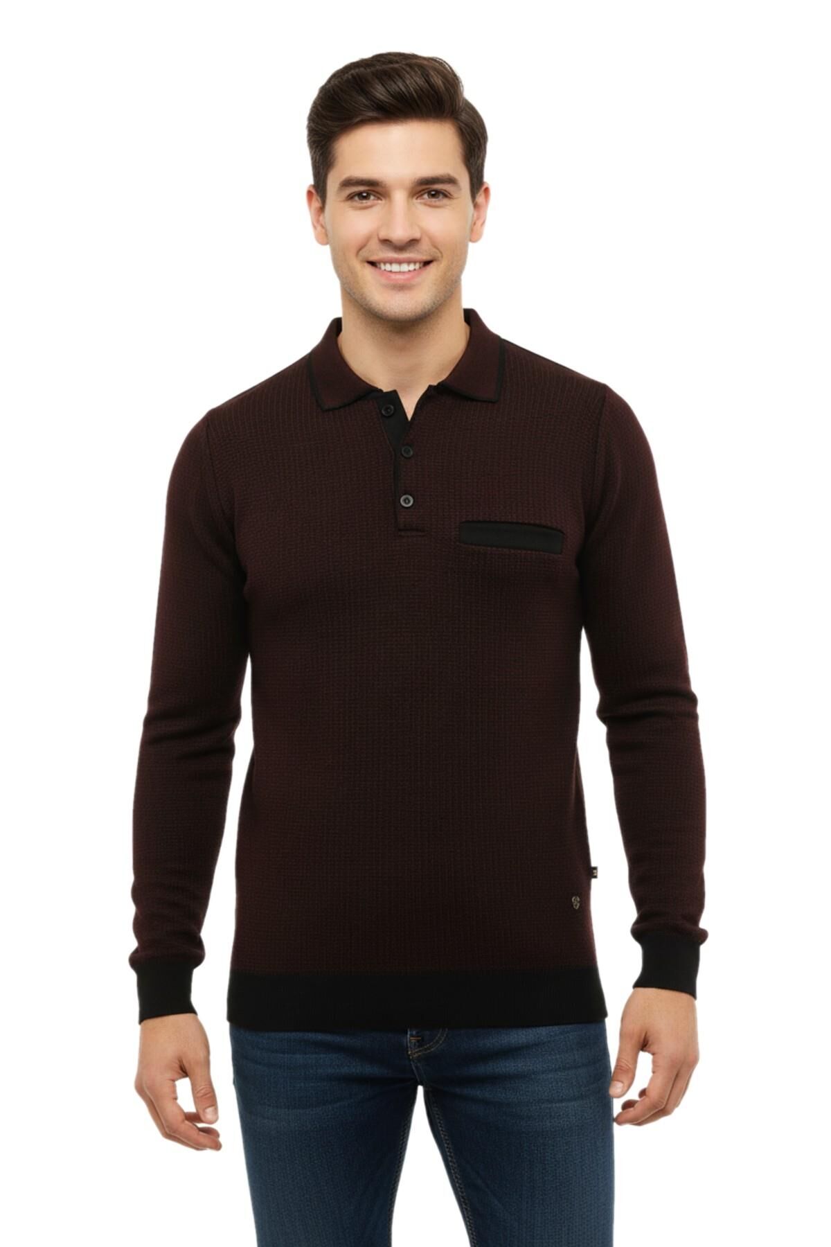 Erkek Polo Yaka Kazak Cepli Çelik Örgü Klasik Kalıp 5208F BGL-ST04963 BORDO - 2XL