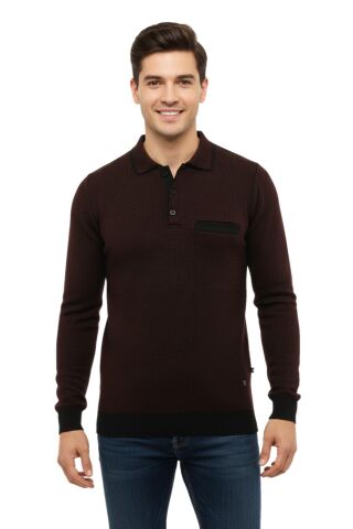 Erkek Polo Yaka Kazak Cepli Çelik Örgü Klasik Kalıp 5208F BGL-ST04963 BORDO - 2XL