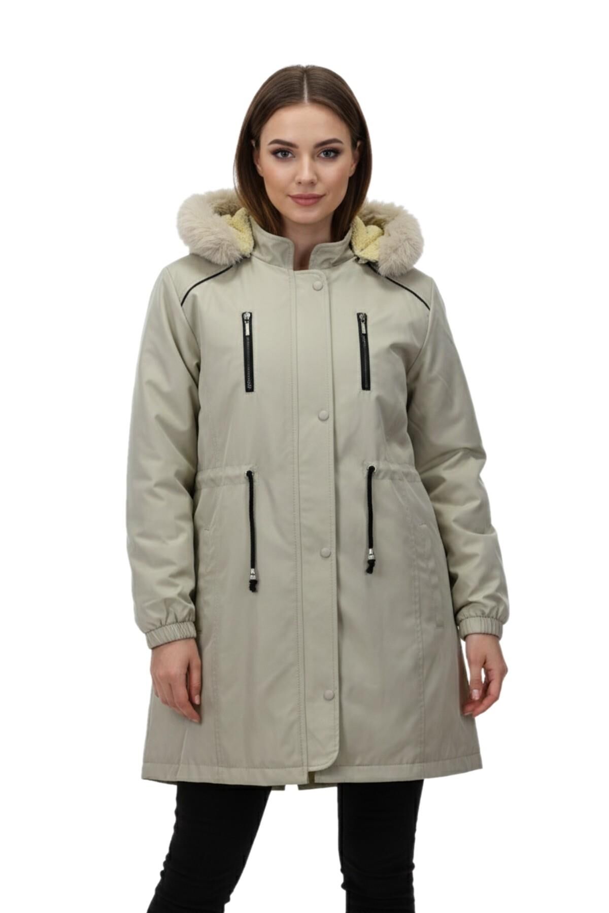 Kadın Kapüşonlu İçi Peluş Mont BGL-ST05028 TAŞ - 50