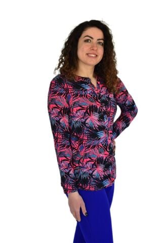 Kadın Yaprak Baskılı Düğmeli Viscon Bluz BGL-ST04273