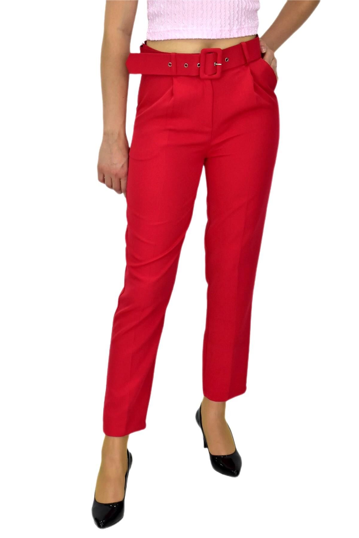 Kadın Kemerli Bilek Pantolon BGL-ST03690 KIRMIZI - 38
