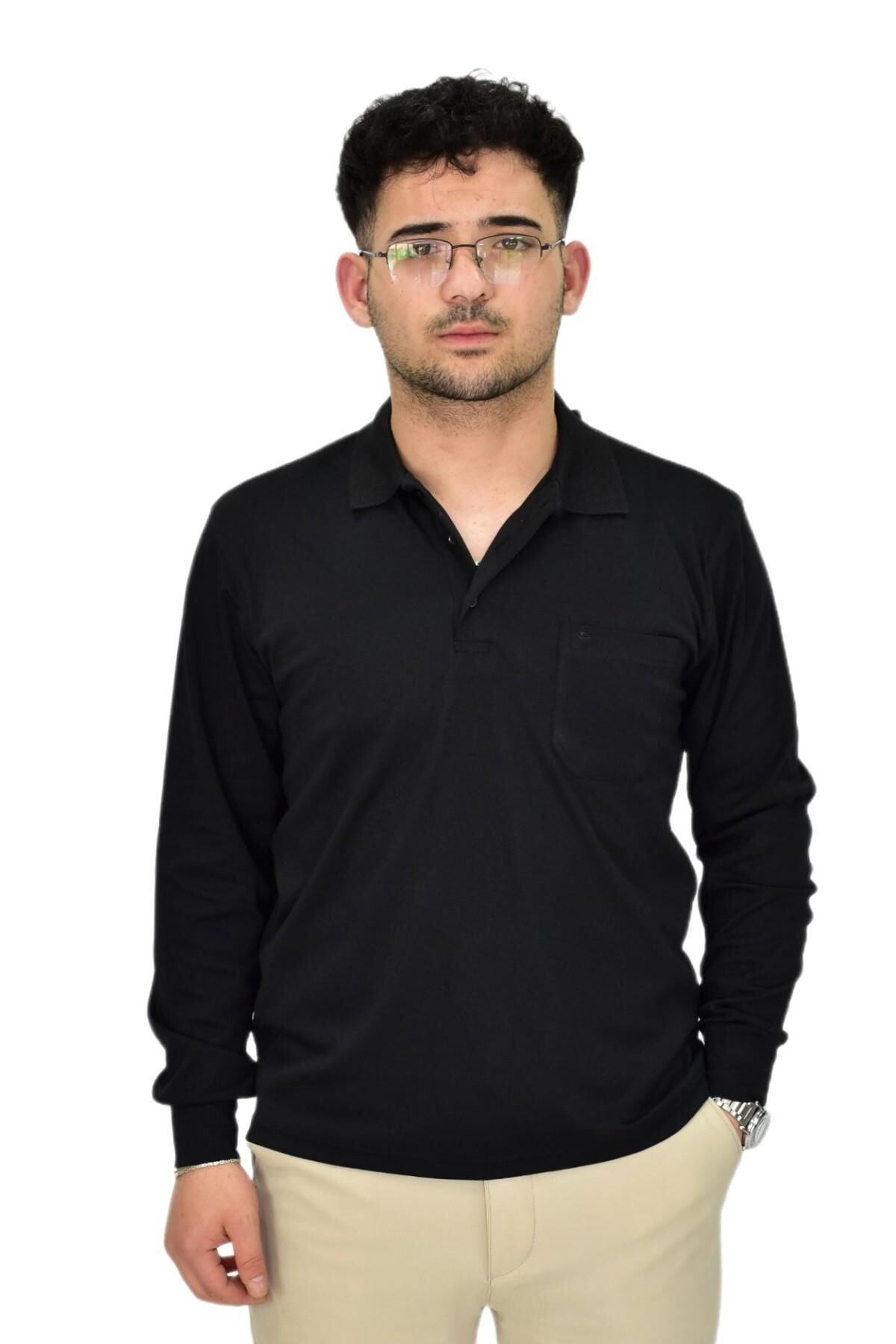 Erkek Büyük Beden Mevsimlik Polo Yaka Sweatshirt 1-6830 BGL-ST04415 SİYAH - 3XL