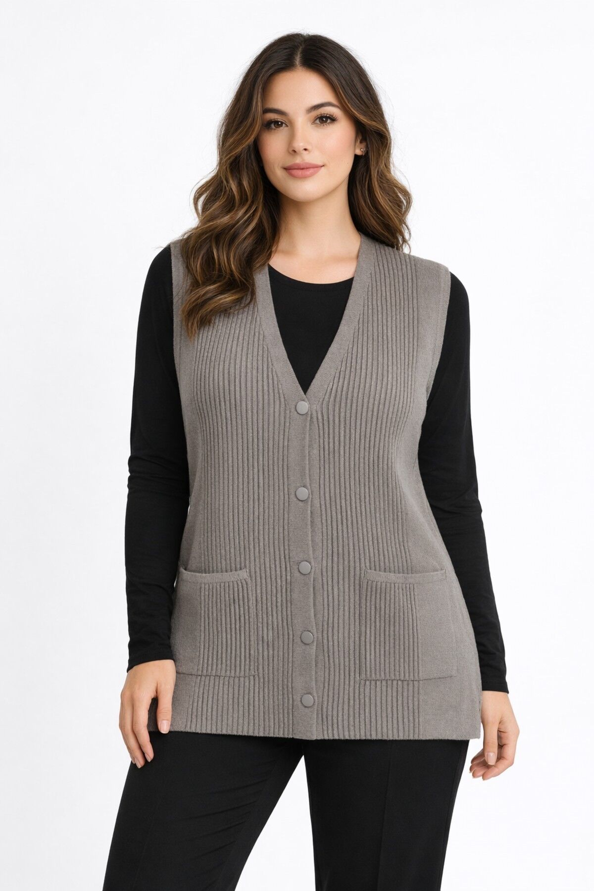 Kadın Anne Triko Yelek Kabartma Çizgi Desen BGL-ST05302 VİZON - 2XL