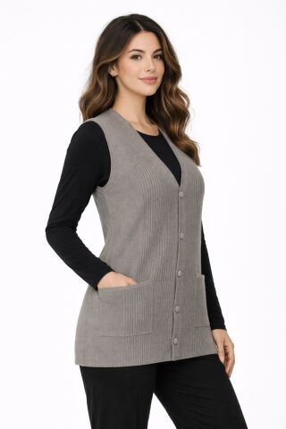 Kadın Anne Triko Yelek Kabartma Çizgi Desen BGL-ST05302 VİZON - 2XL