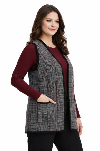Kadın Anne Triko Yelek Kaz Ayağı Desen BGL-ST05299 FÜME - XL