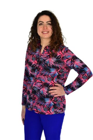 Kadın Yaprak Baskılı Düğmeli Viscon Bluz BGL-ST04273 PEMBE - 52