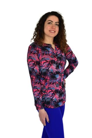 Kadın Yaprak Baskılı Düğmeli Viscon Bluz BGL-ST04273 PEMBE - 52