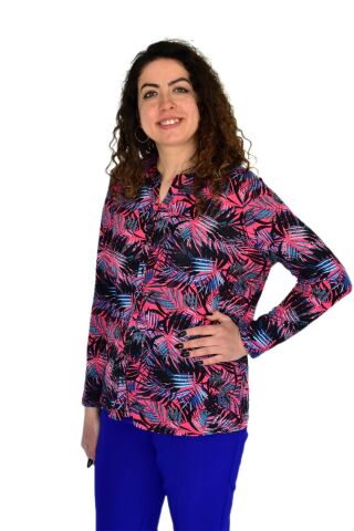 Kadın Yaprak Baskılı Düğmeli Viscon Bluz BGL-ST04273 PEMBE - 52