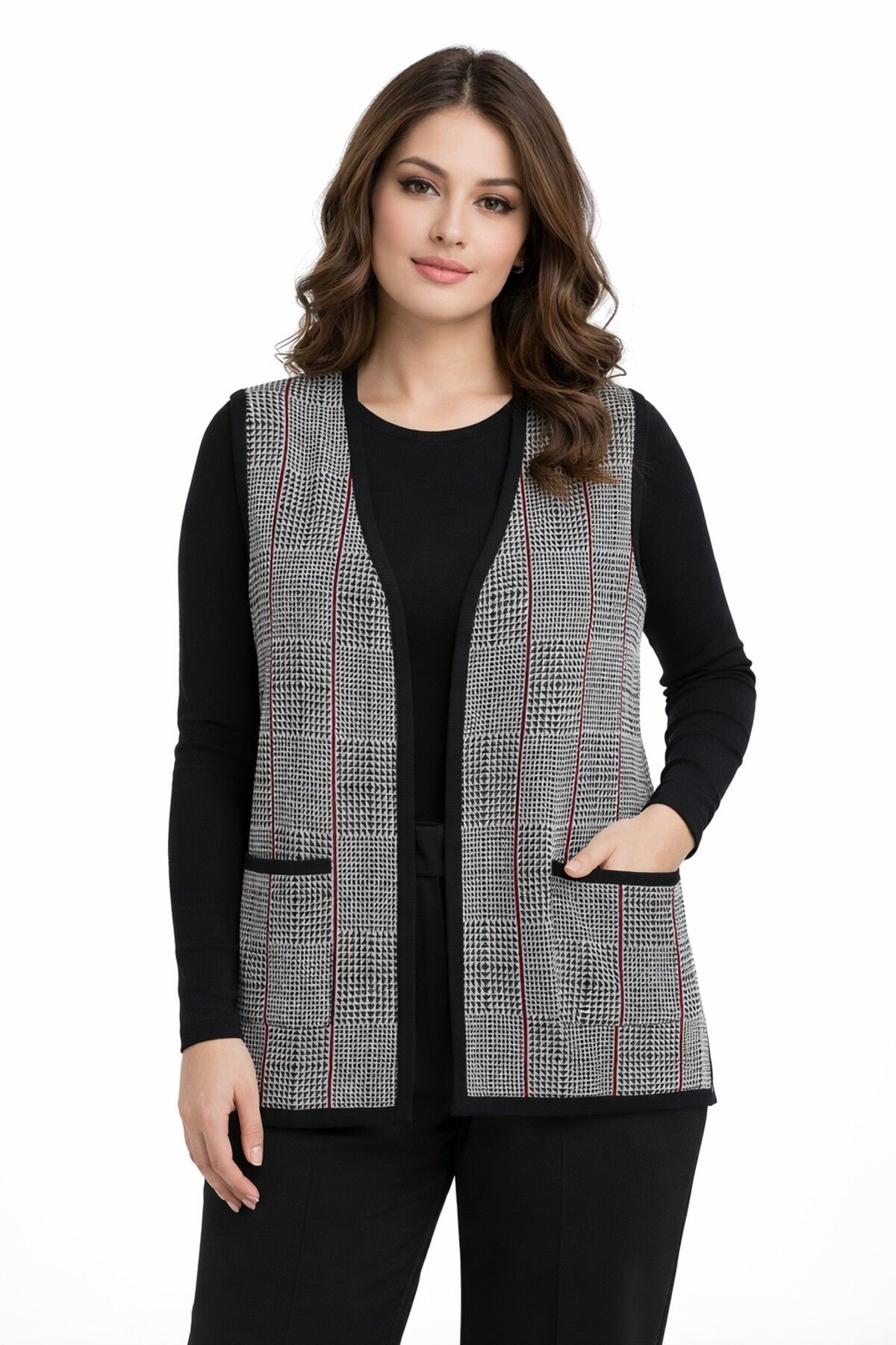 Kadın Anne Triko Yelek Kaz Ayağı Desen BGL-ST05299 BEJ - L