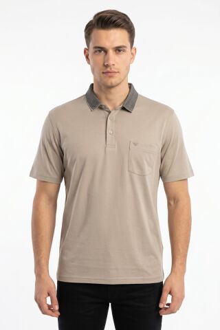 Erkek Büyük Beden Polo Yaka Cepli Kısa Kollu Tişört T6275 BGL-ST05556 BEJ - 6XL