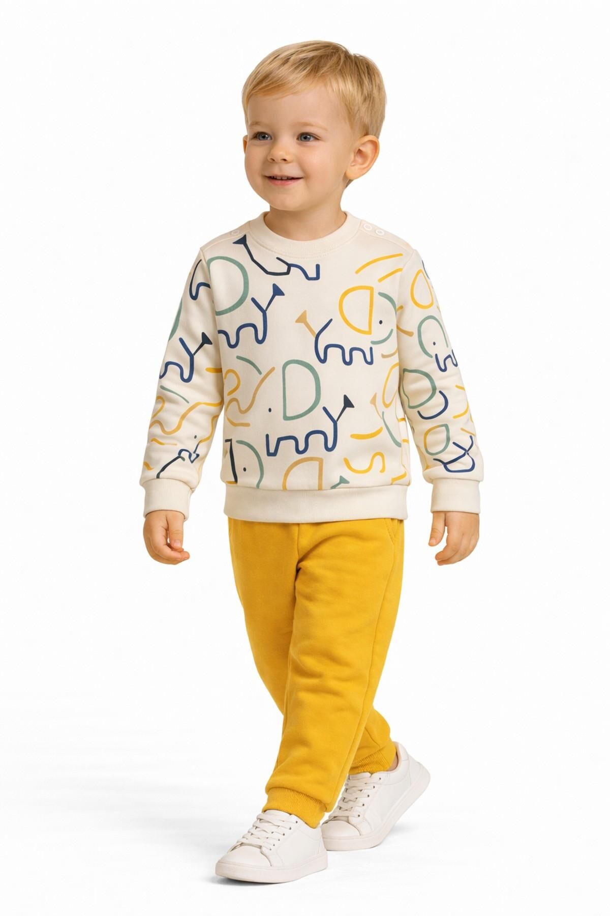 Erkek Çocuk Önü Baskılı Sweatshirt Ve Eşofman Alt Takım BGL-ST05254 SARI - 98