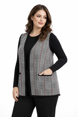 Kadın Anne Triko Yelek Kaz Ayağı Desen BGL-ST05299 BEJ - 2XL