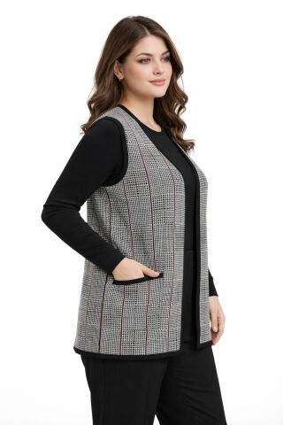 Kadın Anne Triko Yelek Kaz Ayağı Desen BGL-ST05299 BEJ - 2XL